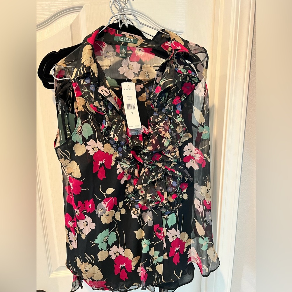 NWT Lauren by Ralph Lauren sleeveless button down floral blouse size 12